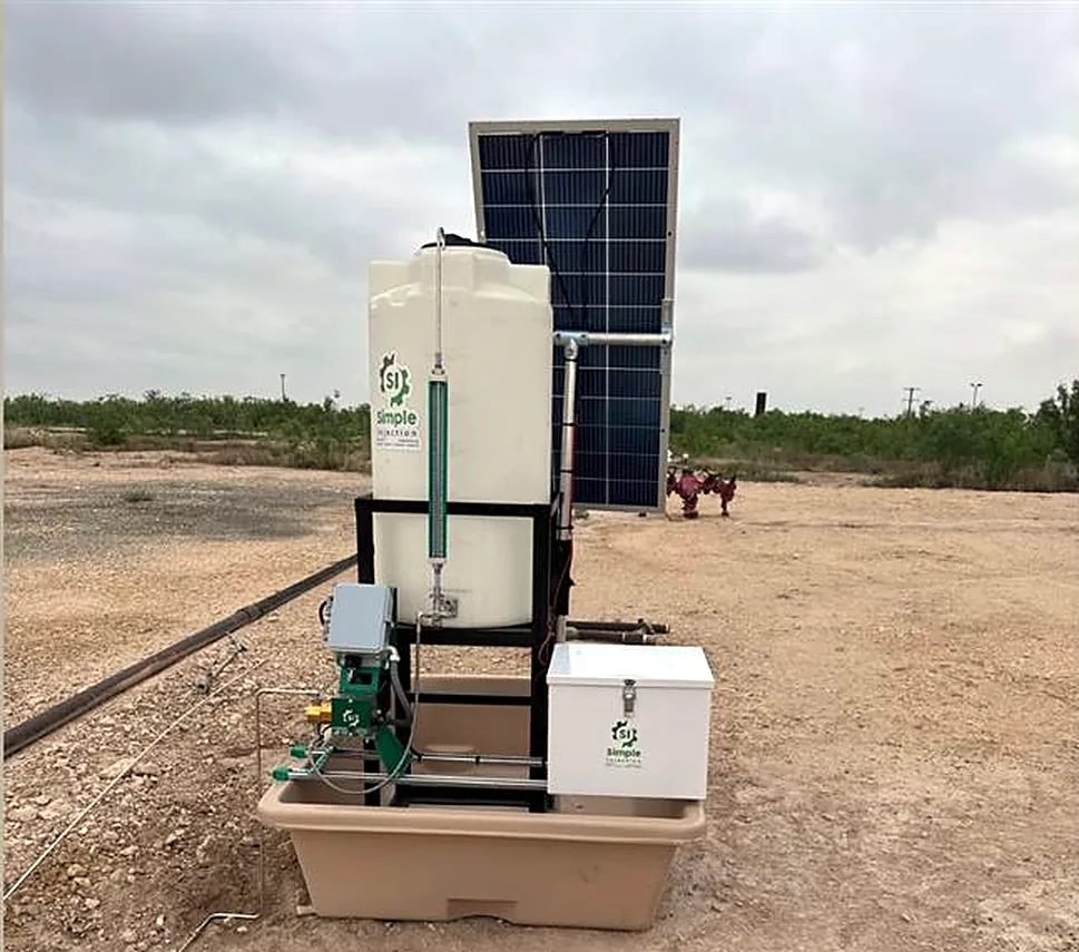 Single tank solar chemical injection skid with pump and control box